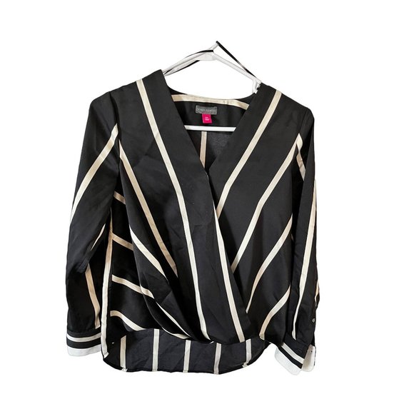 Vince Camuto Womens Size XXS Wrap Blouse Black And Cream Striped Lined - Picture 1 of 6